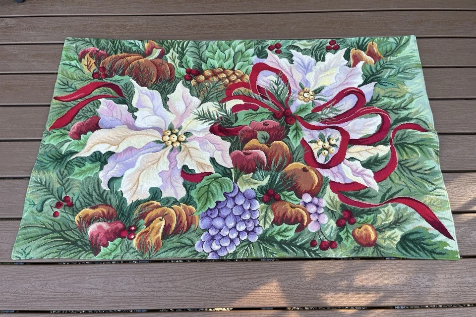 Tapete de férias 100% lã 3’x5’ Needlepoint Poinsétia tapete de tapeçaria de frutas - Imagem 2 de 4