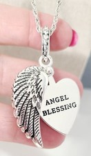 C 1946 Silvertone Heart Feather Wing Angel Blessed Pendant Necklace