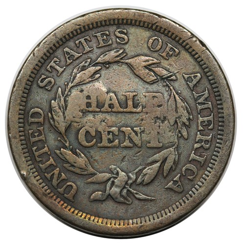 1857 Braided Hair Half Cent, C-1, "C.F" counterstamp, Brunk F-17 - Picture 2 of 3