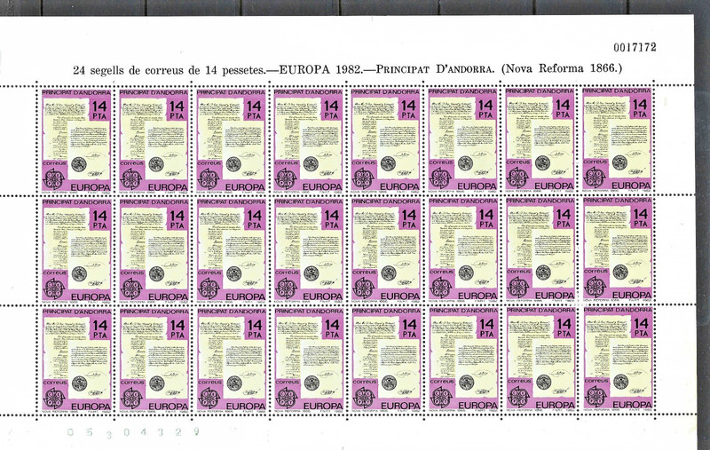 Andorra Spanish 1982 #143-144 sheets of 24 stamps MNH EUROPA/Post Reforms-folded