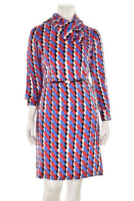 Vintage Adele Simpson 70's 100% Silk Graphic Print Sheath Dress w/ Scarf sz 8/10