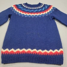 VTG Handmade Wool Sweater Nordic Fair Isle Pullover Women's Small Blue 70s 80s