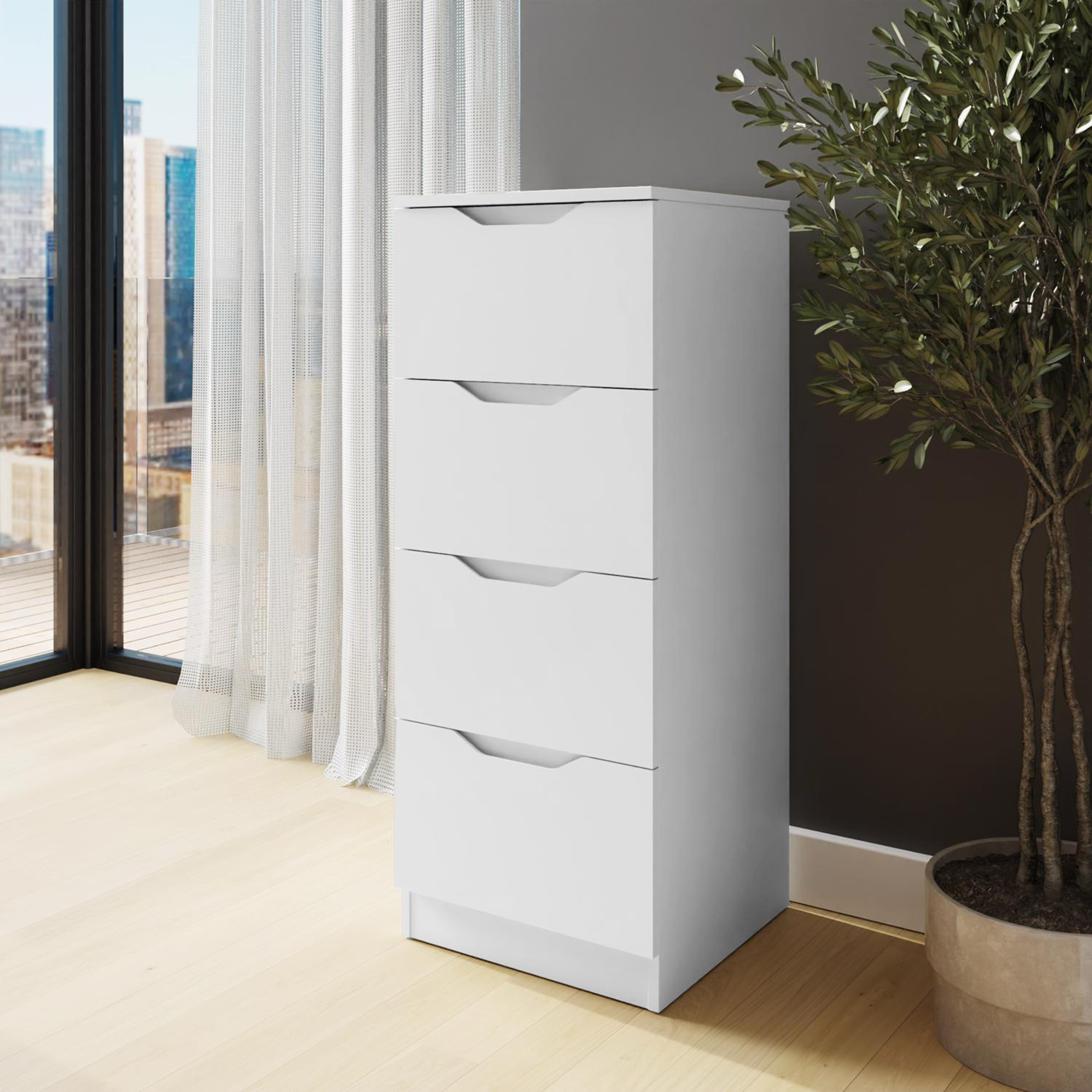 Modern Matt White 4 Drawer Chest of Drawers Recessed Handles Central Runners