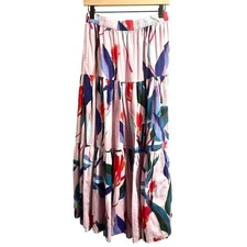 Oliphant Tiered Maxi Skirt Abstract Floral on Pink Elastic Band Waist sz. M