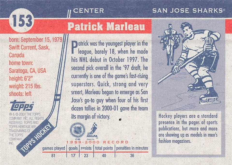 PATRICK MARLEAU 2000-01 TOPPS HERITAGE HOCKEY #153 - Image 2 of 2