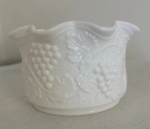Vintage Imperial White Milk Glass Grape Pattern Crimped Planter Bowl
