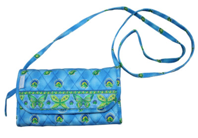 Maggi B Quilted Blue Green Butterfly Paisley Fabric Purse Wallet Crossbody RARE