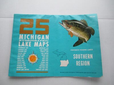 vintage 1965 Michigan Hydrographic Lake Map Southern Region Favorite Lakes C91 ￼