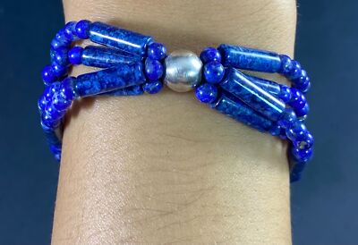 Vintage 925 Lapislazuli Armband Perlen Herz Verschluss 7 cm