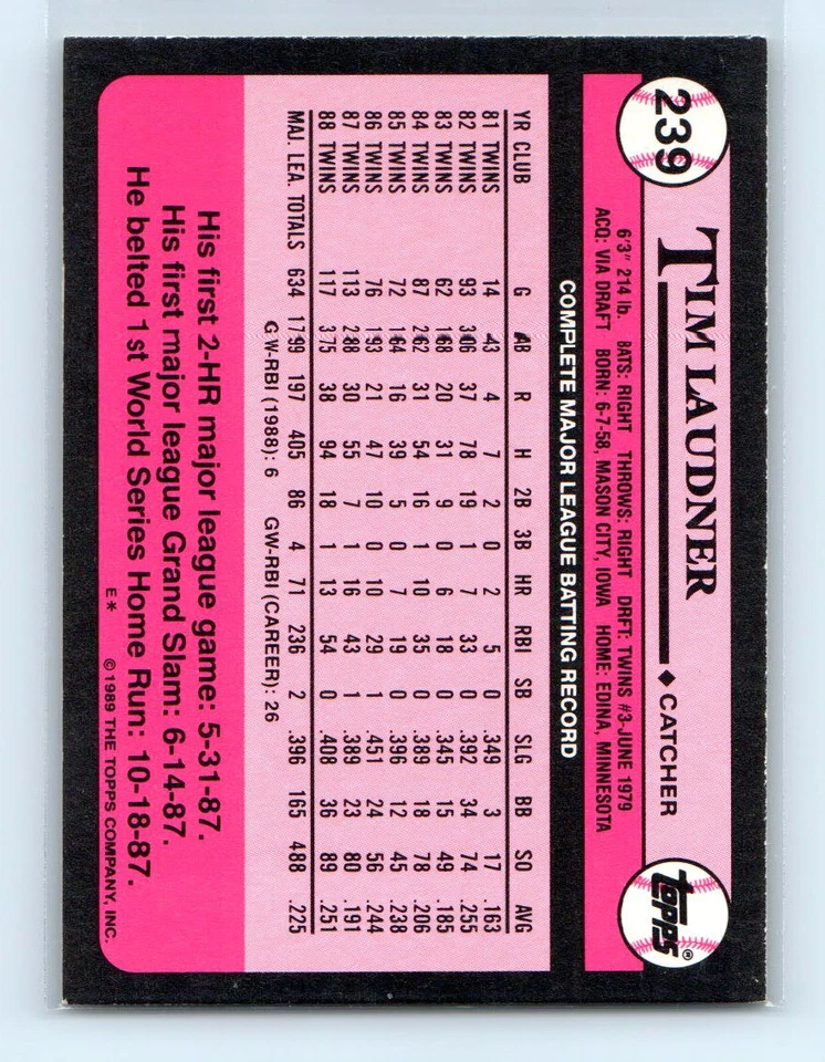 1989 Topps Tiffany  # 239 Tim Lauder Twins - Image 2 of 2