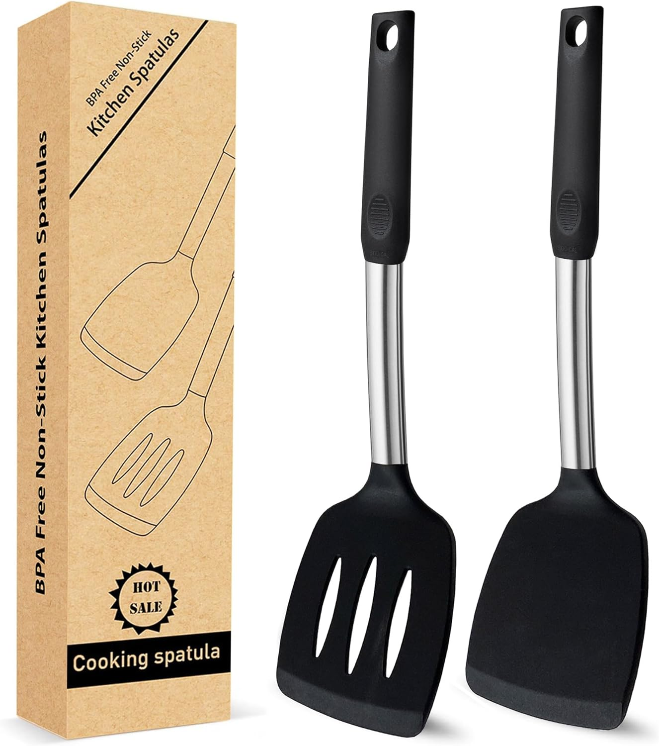 2 Pack Flexible Silicone Spatula, 600°F Heat Resistant Mixed 2 Pack, Black