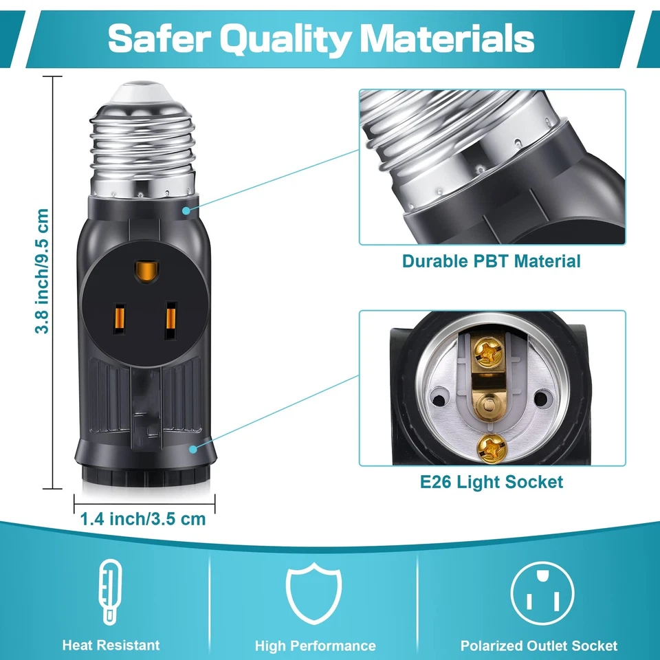 2Pcs Light Bulb Outlet Socket Adapter E26/E27 Lamp Bulb to 2/3 Prong Plug Black - Image 3 of 4