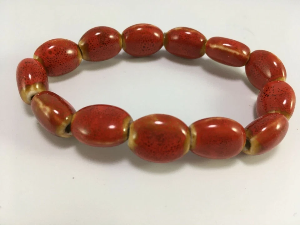 Handmade Porcelain Bead Stretch Bracelet with Red Glaze Boho - Image 3 of 3