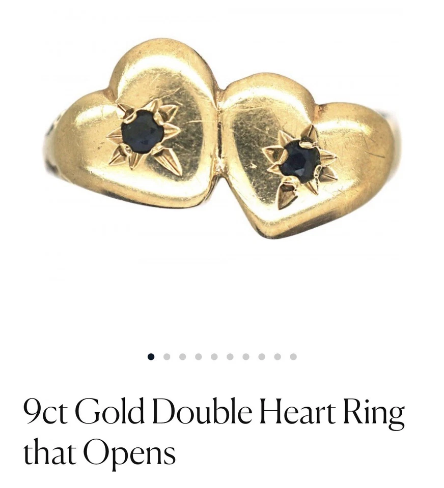 Anillo de compromiso vintage moderno de 9 quilates con doble corazón con zafiros Foto 2 de 4