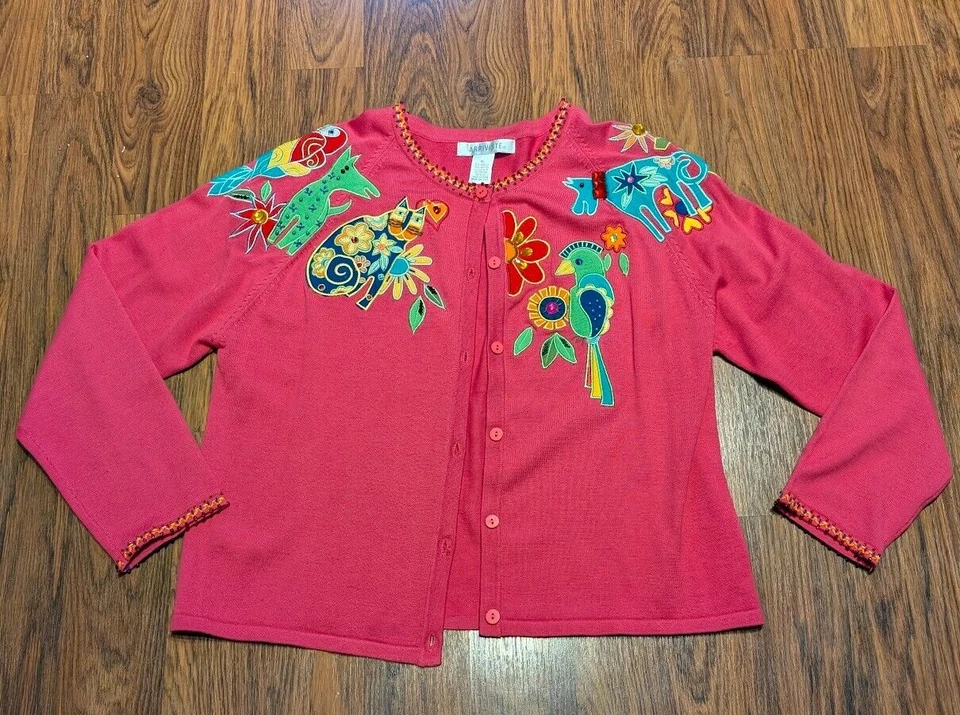 CÁRDIGAN MAGENTA ADORNADO VINTAGE suéter tejido animal gato Laurel Burch? XL 1D Foto 2 de 4