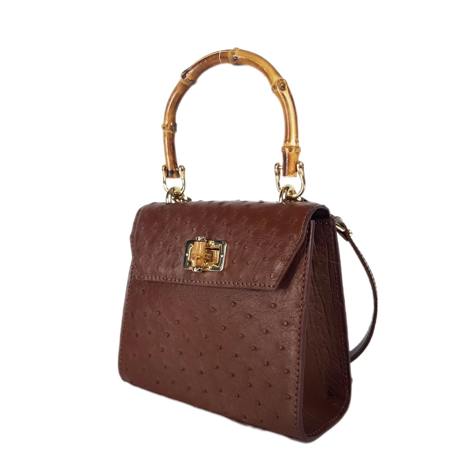 GUCCI Lussuosa VERA pelle di struzzo donna marrone borsa a tracolla manico in bambù