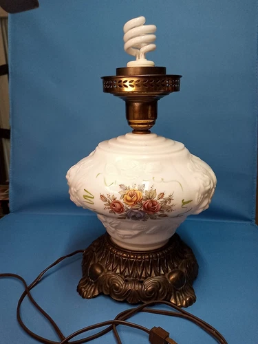 Hurricane Milk Glass Globe Floral Gone with the Wind Lamp Base Working Vintage