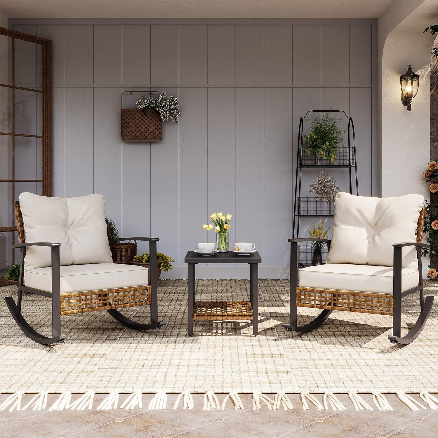 3 Pieces Rocking Bistro Set Outdoor Patio Furniture Set with Thick Cushions