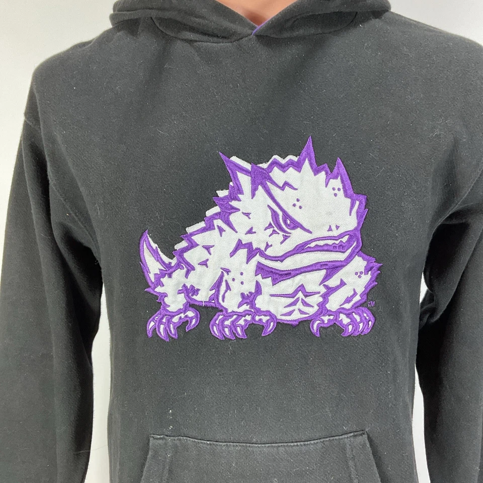 Embroidered Horned Frogs Hoodie TCU Texas Christian University Black Vtg 90s M - Image 3 of 4