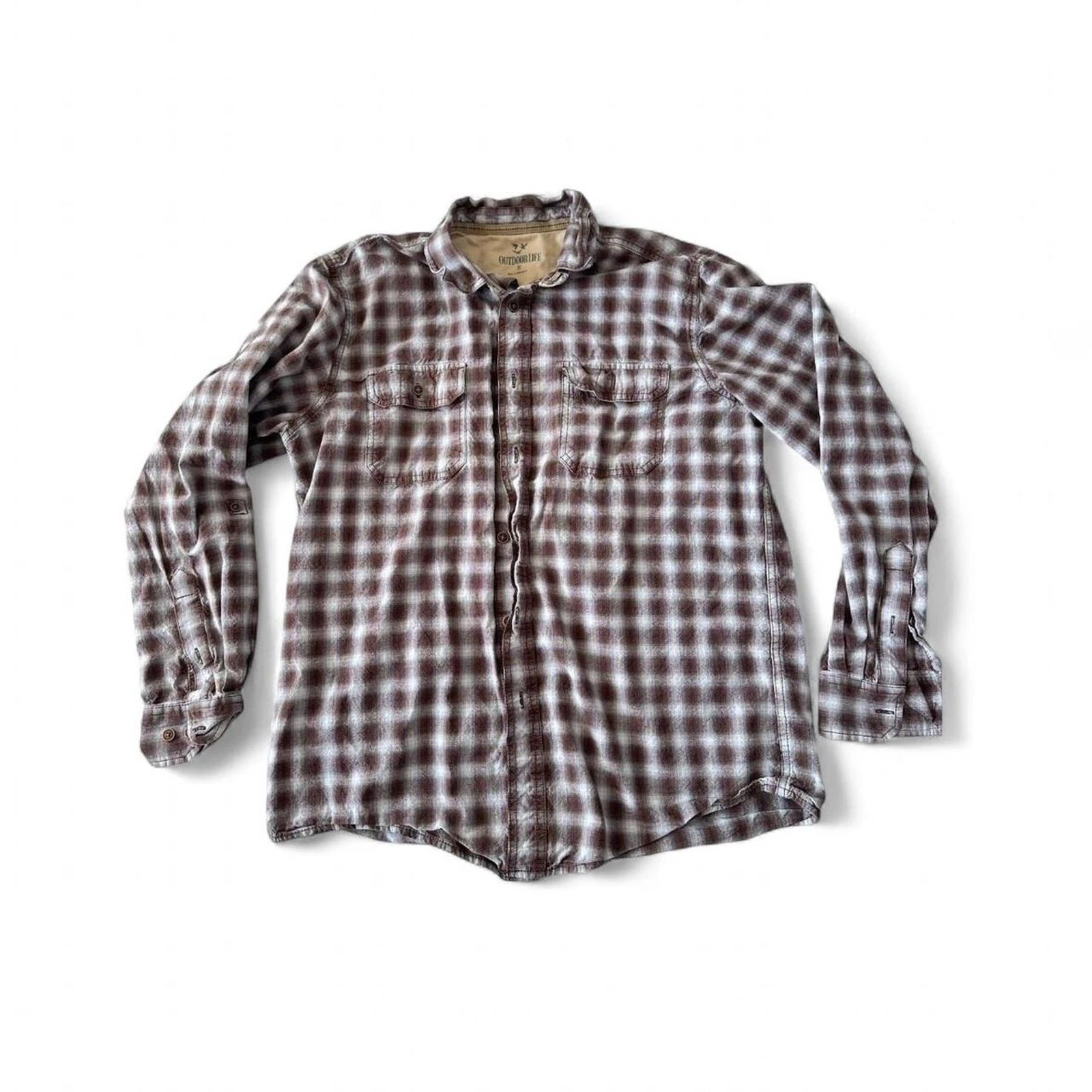 Outdoor Life Long Sleeve Brown Plaid Flannel Shirt, Mens M