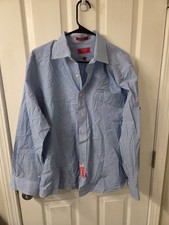 Chaps Mens Button Down Dress Shirt Stretch White Blue Plaid XL 17 32/33 #S190