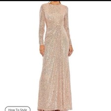 NWT-Mac Duggal Gold Sequined Long Sleeve Side Knot Gown Sz 12