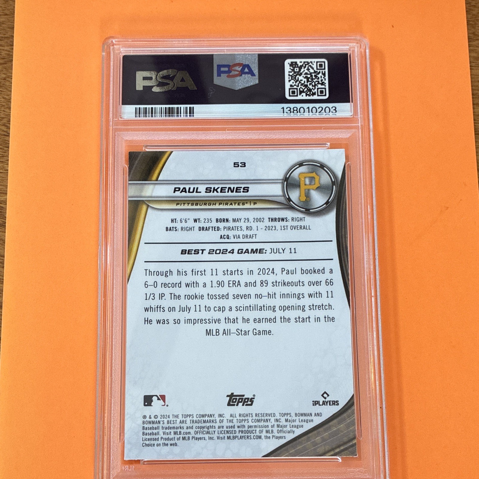 Topps 2024 Bowman's Best Paul Skenes Wave Refractor #53 RC PSA 9 Pirates *ROOKIE view 2