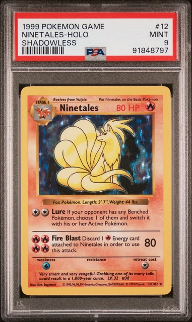 1999 POKEMON GAME SHADOWLESS #12 NINETALES-HOLO PSA 9