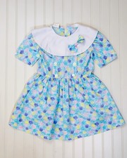 Vintage girl spring dress floral blue with collar bow 5T READ
