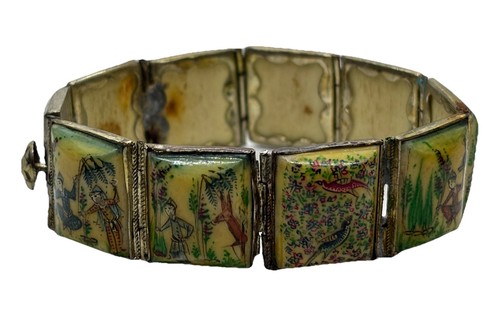 Antique / Vintage Persian Hand Painted Bone & Gilt Panel Story Telling Bracelet