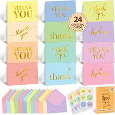 24 Pack Gold Foil 6X4In Modern Thank You Cards Kids with Envelopes and Stickers,