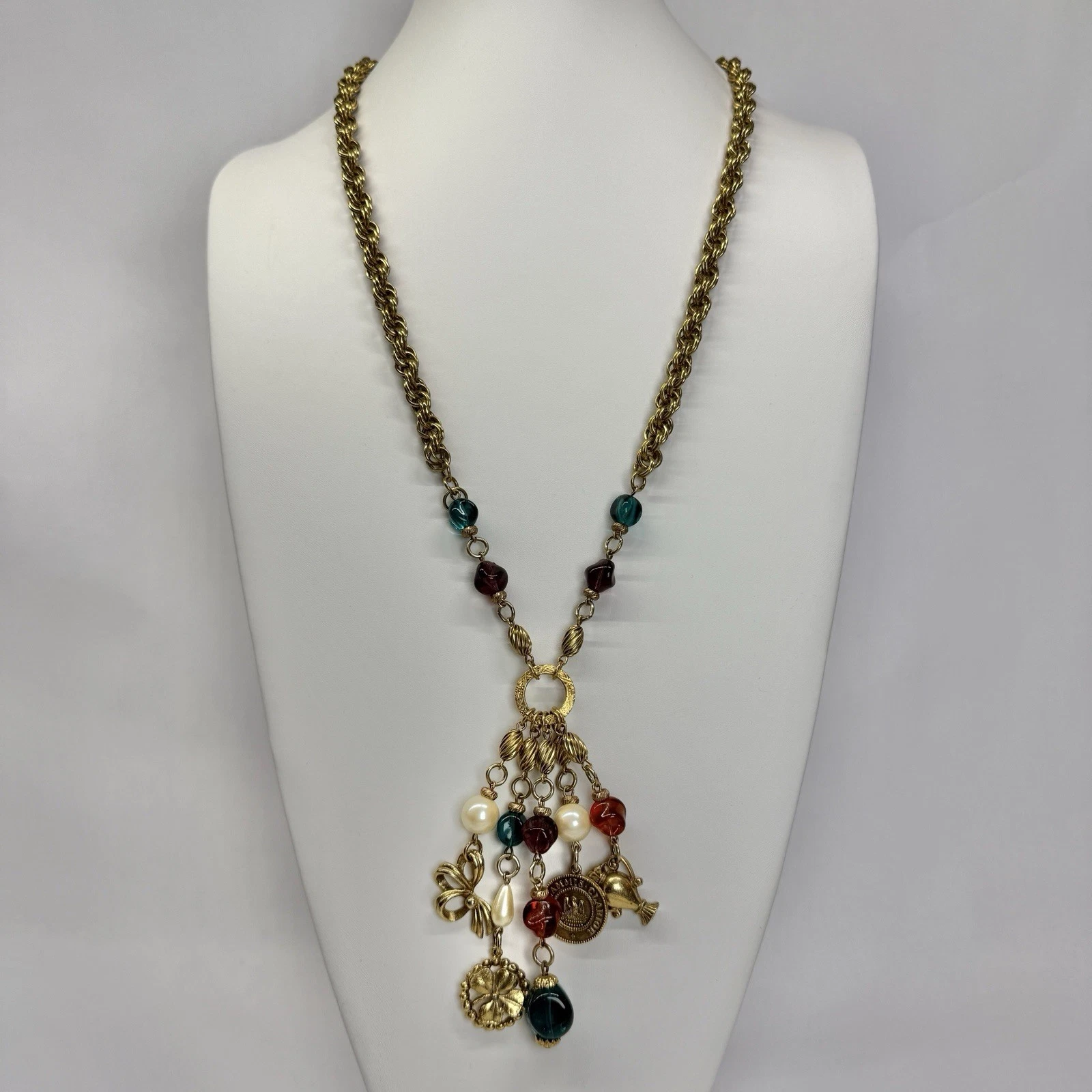 Faux Pearl Charm Dangle Statement Chunky Gold Tone Vintage Necklace Jewelry N290