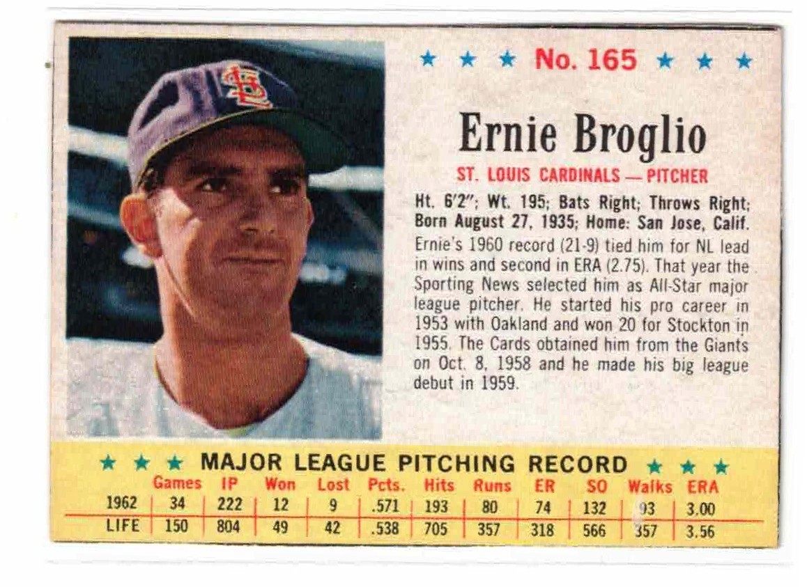 1963 Post #165, Ernie Broglio, St. Louis Cardinals, EX