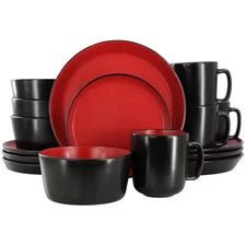 Bacarra 16-Piece Stoneware Dinnerware Set in 2-Tone Black and Red Service Set fo