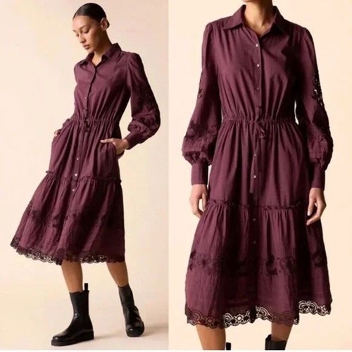 ST. ROCHE Darcy in Raisin Embroidered Shirt Dress Sz 6 Midi Floral Long Sleeve