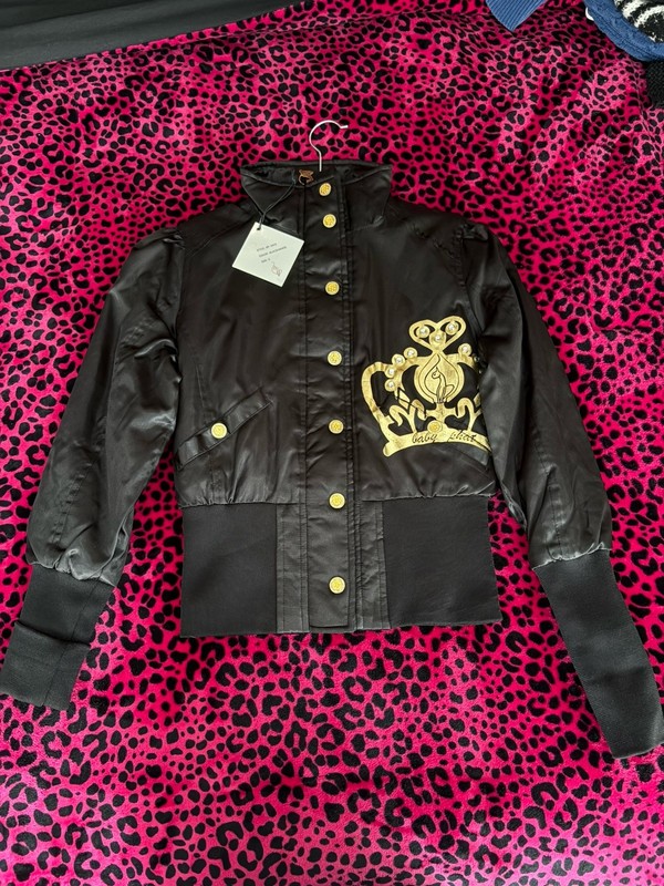 Baby Phat Black Gold Crown Embellished Bomber Jacket Button Zip Women's Size S