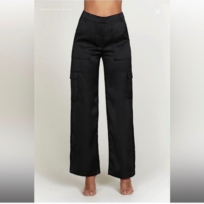 MESHKI Amaya Lace Up Cargo Pants Black Satin Wide Leg Size S