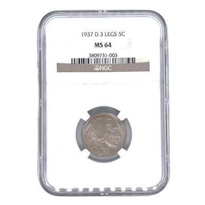 Selten 1937-D 3 Beine 5C Buffalo Nickel NGC MS64 Zertifiziert Münze Key Fehler