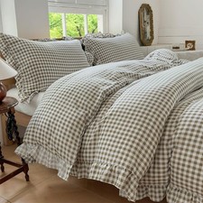 Tan Gingham Ruffle Duvet Cover Queen Size, 3 Pieces Taupe Soft Pre-Washed