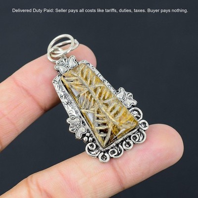 925 Silver Rectangle Carved Tiger Eye Stone Sacral Chakra Ethnic Pendant Jewelry
