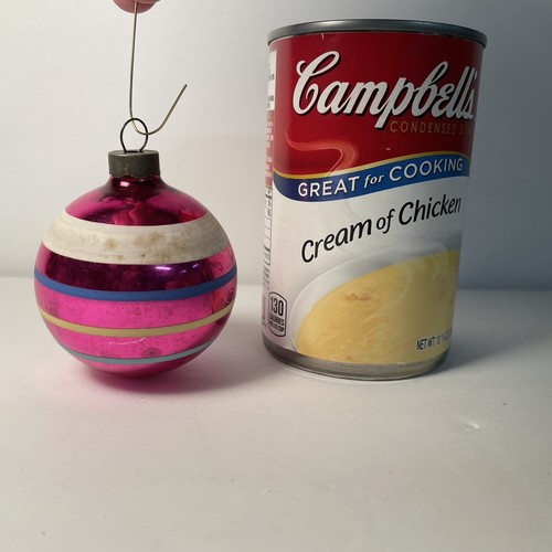 2 Vintage mundgeblasene Glas Weihnachtsschmuck Fuchsia Rosa mit Streifen USA - Bild 10 von 10