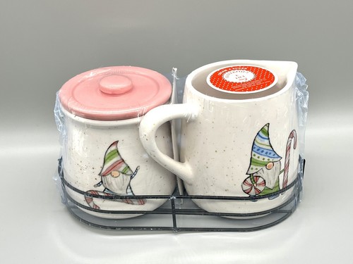 NEW ~ Christmas Gnome Cream and Sugar Set ~ Ceramic, Metal Tray, Pink Pastels