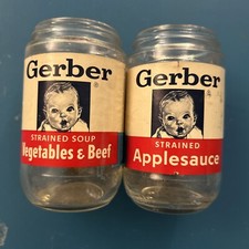 2 Vintage GERBER 1960s/70s Vegetables  Beef Applesauce Baby Food Jars - No Lid