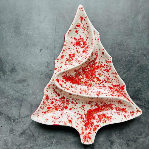 Rot und weiß gesprenkelt Keramik Weihnachtsbaum geteilt Nuss Süßigkeiten Schale 11,5" - Bild 2 von 8