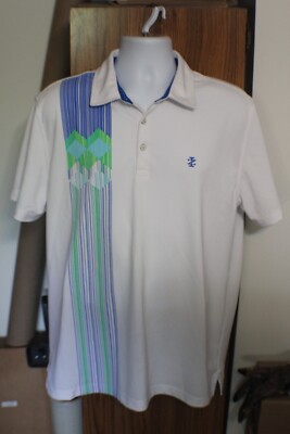 IZOD GOLF LARGE POLO SHIRT SHORT SLEEVE WHITE WITH BLUE / GREEN AWESOME SHAPE