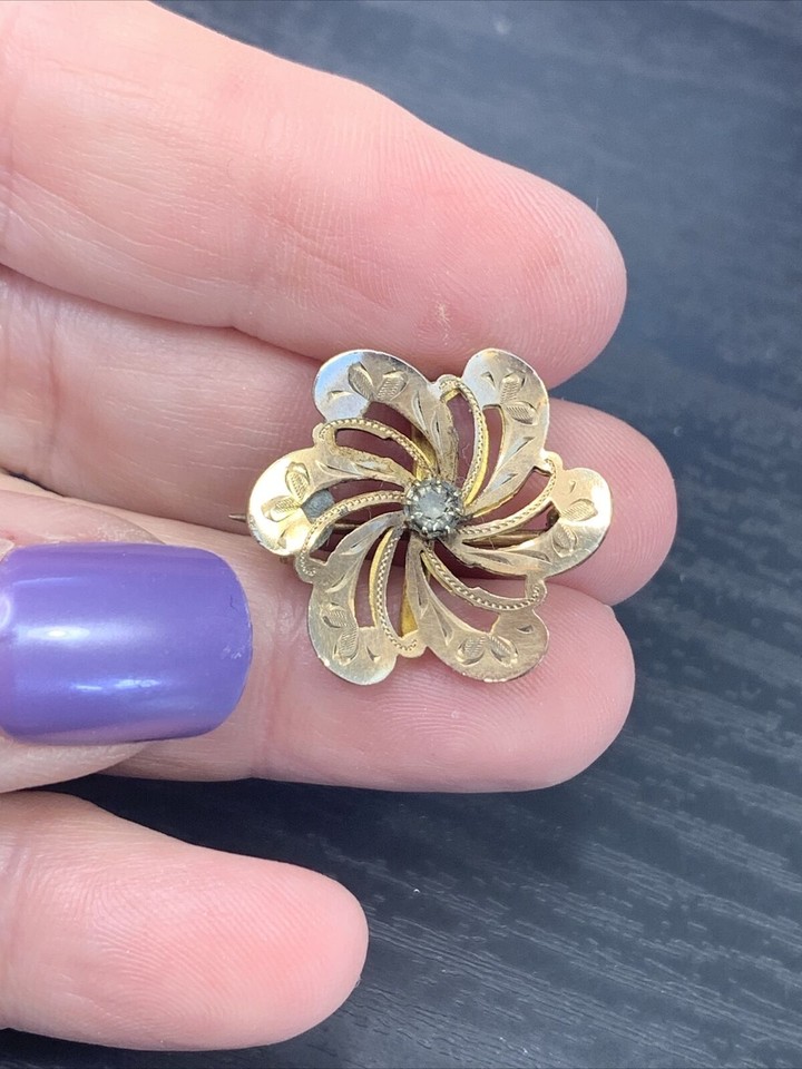 Antique Vtg Gold plated Pinwheel Flower Brooch Pin Necklace enhancer 1 ...