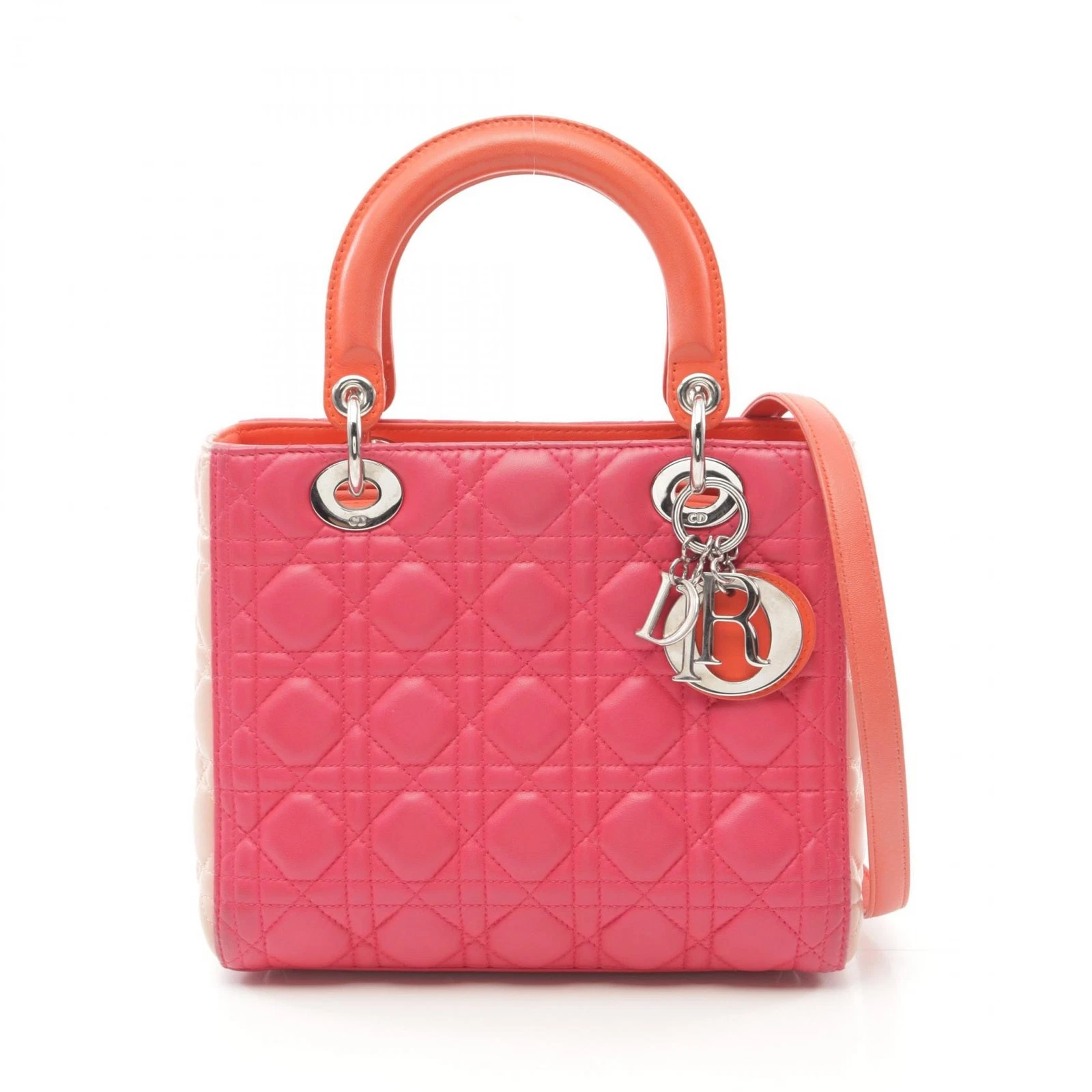 Sac à main bandoulière Dior Lady Dior Cannage 2 voies cuir rose orange occasion femme