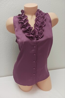 Ann Taylor LOFT Purple Floral Ruffle Sleeveless V-Neck Blouse Top Medium M
