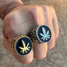 Men's Marijuana Weed Kush Leaf Silver Tone or Gold Plated Black Oil Pinky Ring