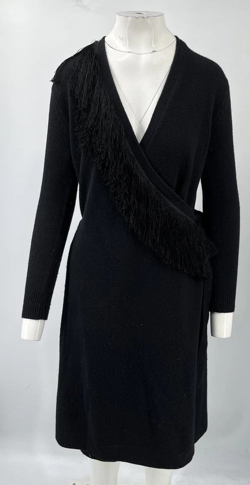 Altuzarra Black Wool Fringe Long Sleeve Wrap Sweater Dress sz XS - Image 2 of 4